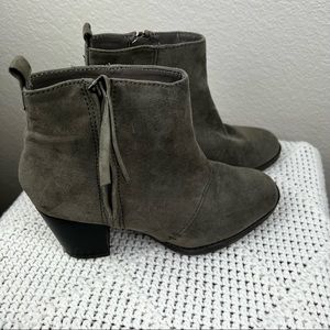 Gray Sueded Textile Upper. Zip Ankle Boots. 2-1/2" Stacked Heel